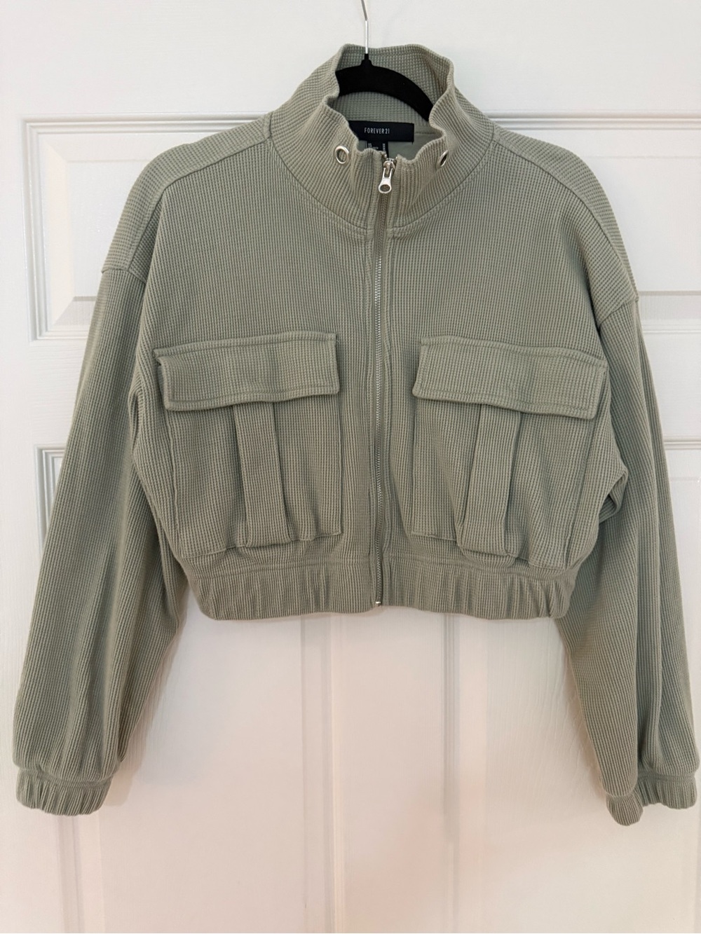 Light Sage Green Waffle Knit Zip Jacket